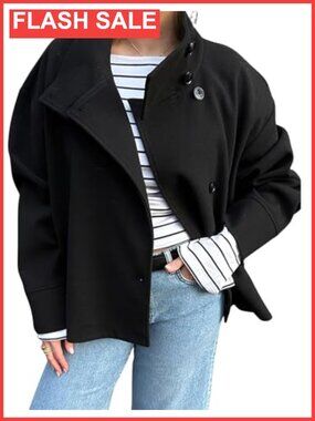 Wool Blend Crop Trench Coat Button Down Loose Fit Long Sleeve Winter Work
